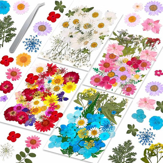 153 Pcs Dried Pressed Flowers for Crafts, Real Pressed Wildflowers Natural Dry Leaves Bulk with Tweezer for Epoxy Resin Jewelry Molds, Candle Soap Making, Scrapbook, Bookmark, Nails Decor