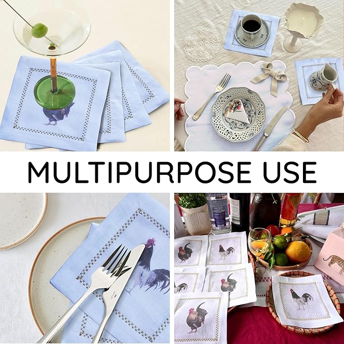 Cocktail Napkins Set of 6, 6x6 inch, 100% Linen, Printed Animal Pattern, Reusable & Washable Cloth Coasters for Beverages, Hosting, Gifting & Everyday Use (Rooster)