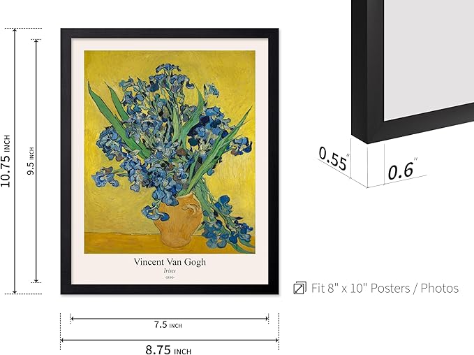 Monem Art Vintage Van Gogh Poster - Retro Irises Print - Flowers in Vase Art - Impressionism Art - Floral Art - Fine Art - Classic Painting Art - Living Room Wall Decor - 8x10 Black Framed