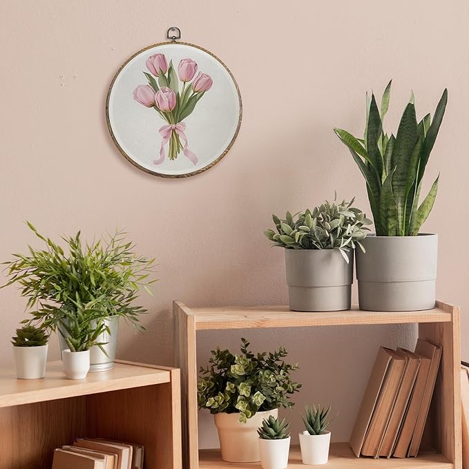 FUGWN Coquette wall decor Pink Tulip Floral Round Wall Art Decor Framed, Pink Bow Tulip Flower Bouquet Canvas Artwork Prints, Floral Wall Hanging Decorations for Girly Bedroom Room Home, 10x10 Inch