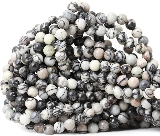 60PCS 6mm Natural Black Network Zebra Stone Round Loose Beads for Jewelry Making DIY Bracelet Necklace Materials 1 Strand 15"