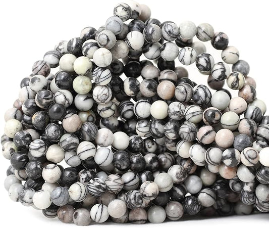 60PCS 6mm Natural Black Network Zebra Stone Round Loose Beads for Jewelry Making DIY Bracelet Necklace Materials 1 Strand 15"