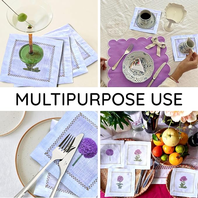Cocktail Napkins Set of 6, 6x6 inch, 100% Linen, Printed Floral Design, Reusable & Washable Napkin Coasters for Beverages, Parties, Weddings & Everyday Use (Dandelion)