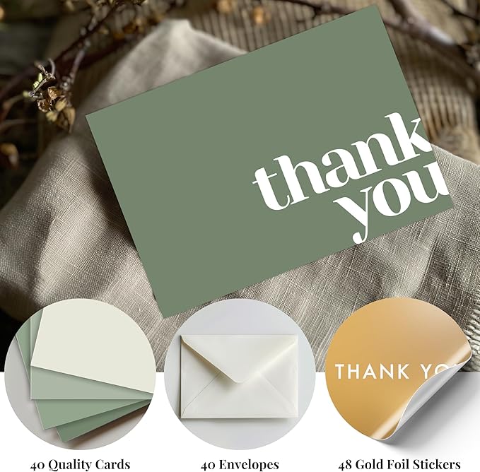 Paper Play Thank You Cards Bulk Pack of 40 Green, 5x3.5 Inches with Matching Stickers & Envelopes, Minimalistic Design Suitable for Business, Baby Shower, Wedding, Small Business, Graduation, Funeral