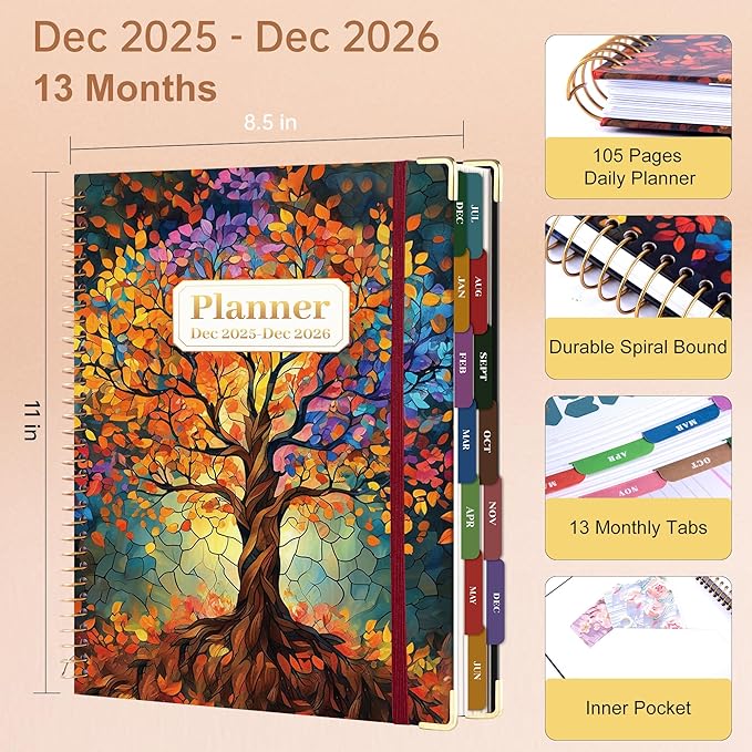 Yoment 2026 Planner Weekly and Monthly 8.5"x11" Large Hardcover Planner from Dec 2025 - Dec 2026 13 Months Calendar Academic Planners for Women Men Agenda Daily Weekly Yearly Planning with Tabs, Tree