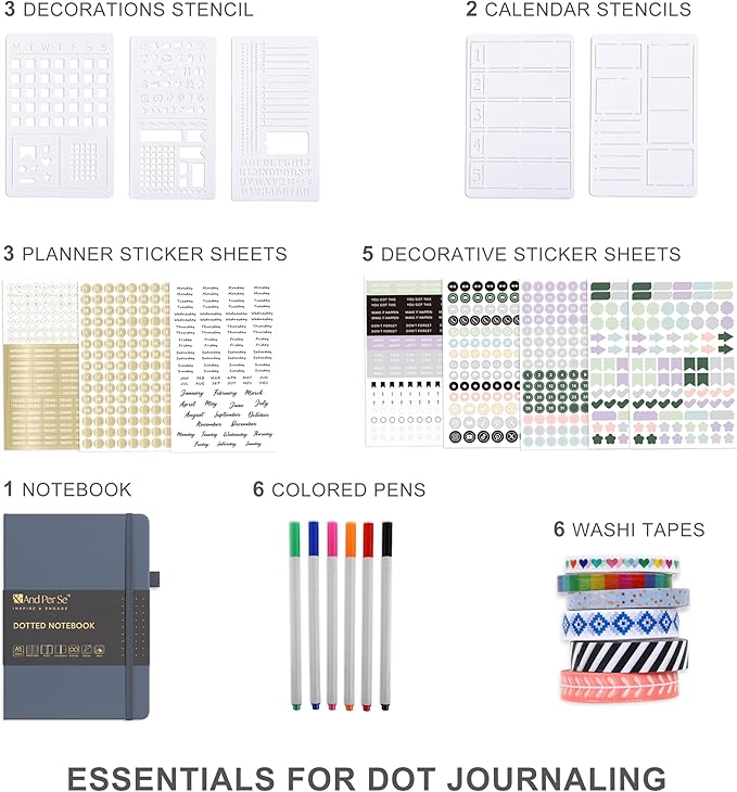 &And Per Se Bullet Dotted Journal Kit, A5 Hardcover Dotted Journaling Set (Dark Blue), 6 Fineliner Pens, 8 Sticker & 5 Stencil Sheets, 6 Washi Tapes with Giftable Box