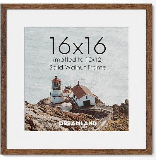Dreamland 16x16 Picture Frame, 16 x 16 Square Photo Frame with Mat for 12x12, Natural Oak Wood Matted Picture Frames with Tempered Real Glass for Wall Art Photo and Prints, Walnut Color, Set of 1