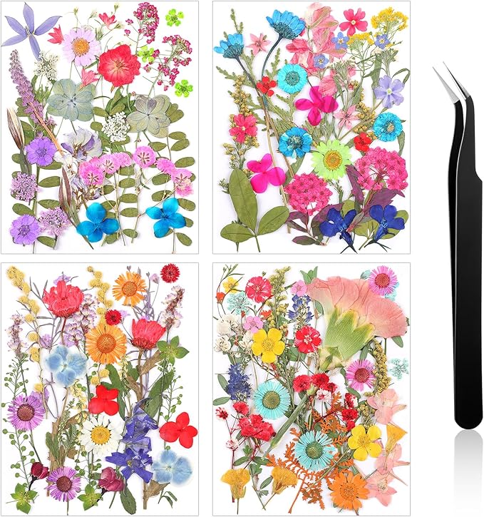 Nuanchu Small Dried Flower for Craft Resin Mini Pressed Flowers Bulk Real Tiny Dried Wildflower Leave Natural with Tweezer for Nail Scrapbooking Soap Candle Cake Card Making DIY Christmas Craft Supply
