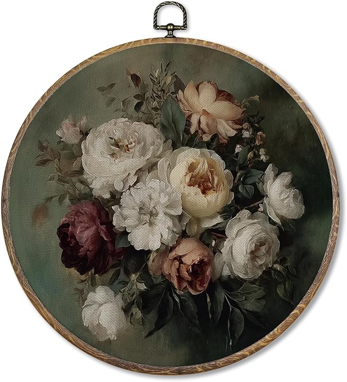 FUGWN Vintage Floral Round Wall Art Decor Framed, Antique Floral Canvas Artwork Prints, Retro Cottagecore Farmhouse Flower Wall Hanging Decorations for Home Bedroom Living Room, 10x10 Inch