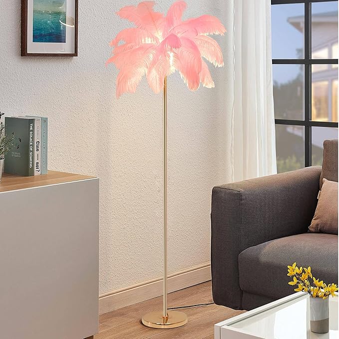 ZYLEIESENBAO Pink Feather Lamp Romantic Ostrich Feather Floor Lamp Nordic Fluffy Standing Light for Girl Bedside Creative Furry Floor Lamp for Sofa Living Room Corner in Bedroom Hotel Wedding
