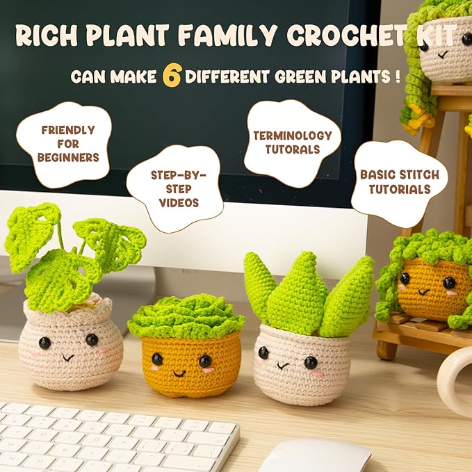 MAGIMUSE Crochet Kit for Beginners,Crochet Starter Kits with Step-by-Step Video Tutorials, DIY Craft Kits Amigurumi Knitting Supplies, Monstera Plant Family (40%+ Yarn)
