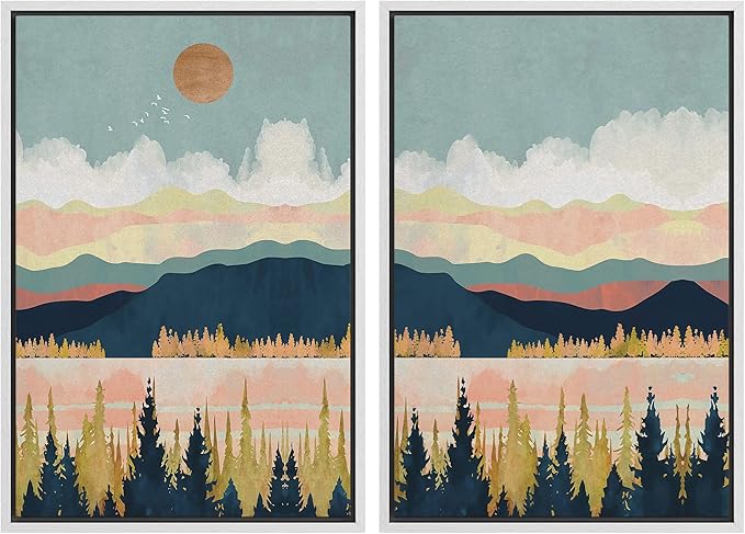 SIGNWIN Framed Canvas Print Wall Art Set Pastel Pink Blue Geometric Mountain Landscape Nature Wilderness Illustrations Modern Art Scenic Colorful for Living Room, Bedroom, Office - 16"x24"x2 White