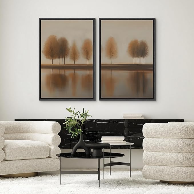 SIGNWIN Framed Canvas Print Wall Art Set Autumn Trees by The Lake Warm Brown Landscape Illustrations Modern Art Scenic Colorful for Living Room, Bedroom, Office - 16"x24"x2 Black