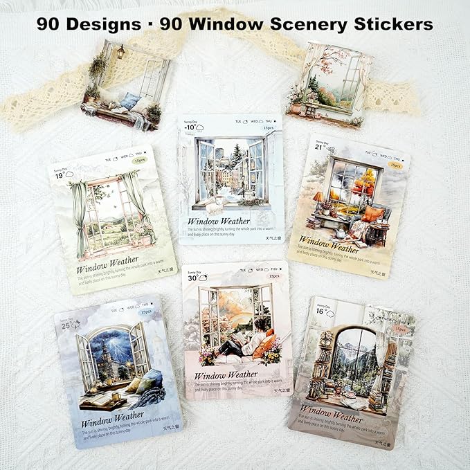 Weather Window PET Stickers, 90PCS Large Window Scenery Designs - Cozy Seasonal Views for Scrapbook Journals Planners DIY Decor