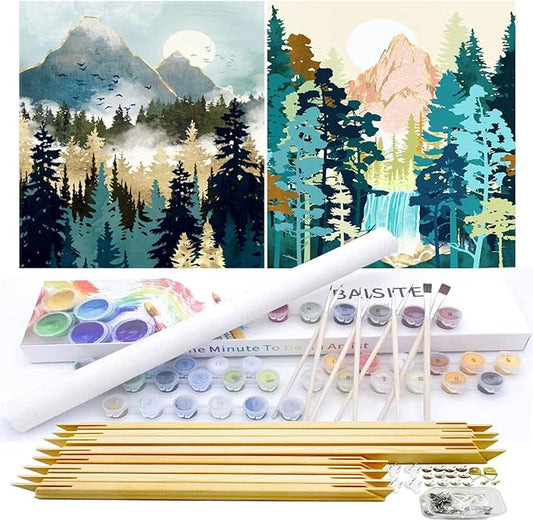 BAISITE Paint by Numbers Kit for Adults Beginners,12" Wx16 L 2 Pack Canvas for Painting Kits for Adults in Colorful Box-Sunrise Mountains Waterful 7172-DIY Frame