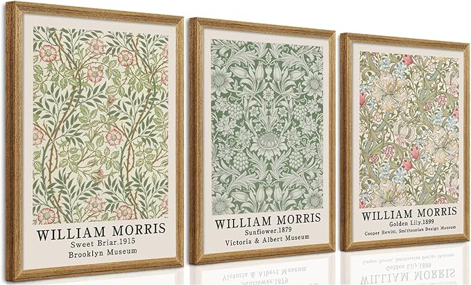 SYWENNOI 3 Pieces Wood Frames Vintage Floral Canvas Wall Art, William Morris Textured Wall Decor, Sweet Briar Sunflower Golden Lily Botanical Designs Prints for Living Room Bedroom Offices 16x24 in