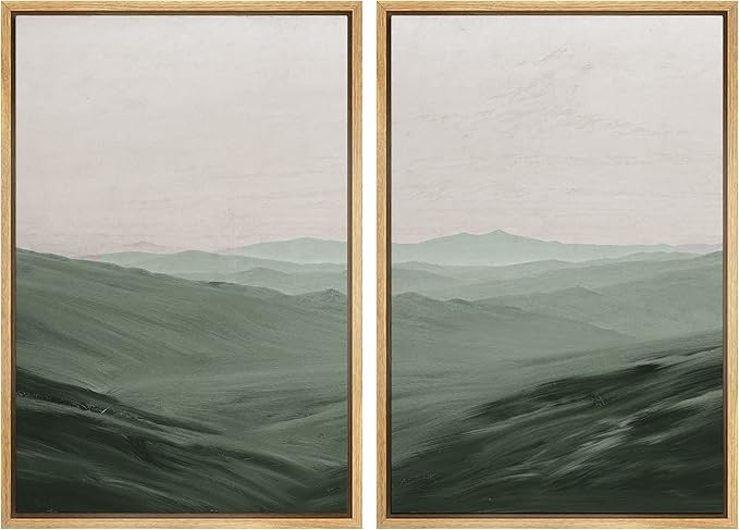 SIGNWIN Framed Canvas Print Wall Art Set Watercolor Green Mountain Valley View Nature Wilderness Illustrations Fine Art Farmhouse/Country Minimal for Living Room, Bedroom, Office - 24"x36"x2 Natural