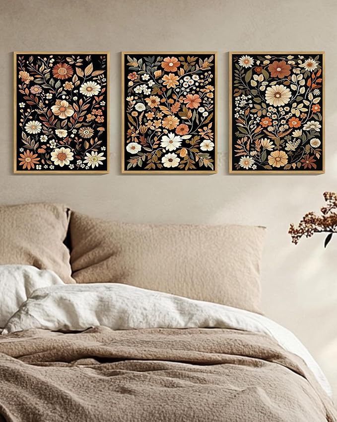 KUVIOKE Orange Vintage Flower Framed Wall Art Boho Floral Wall Decor Retro Wildflower Modern Art Prints Bedroom Living Room Home Decor 12x16in (Natural Framed)
