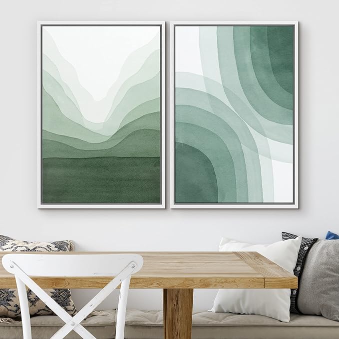 SIGNWIN Framed Canvas Print Wall Art Set Pastel Watercolor Green Wave Illusion Abstract Shapes Illustrations Modern Art Minimal Boho Colorful for Living Room, Bedroom, Office - 16"x24"x2 White