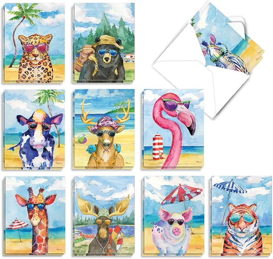 The Best Card Company - 20 Assorted Bulk Wildlife Whimsical Greeting Cards Boxed Set (4 x 5.12 Inch) Wildlife Variety Notecards for Kid (10 Designs, 2 Each) - Animal's Day Off AM6670OCB-B2x10
