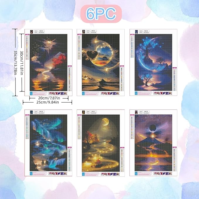 6 Pack Diamond Art Kits for Adults,Landscape 5D Diamond Painting for Adult Beginners, Moon DIY Full Drill Round Gem Painting Dot Art Sets,Home Wall Decor 9.8x13.8 Inch