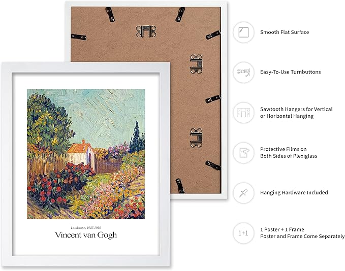 Monem Art Vintage Van Gogh Poster - Retro Impressionist Print - Flower Garden, Cottage, Sky, Colorful, Landscape - Gift for Artist, Friend - Wall Decor for Home, Office, 16x20 White Framed