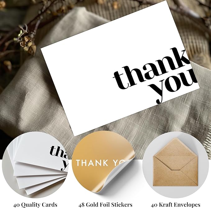 Paper Play Thank You Cards Bulk Pack of 40 White, 5x3.5 Inches with Matching Stickers & Envelopes, Minimalistic Design Suitable for Business, Baby Shower, Wedding, Small Business, Graduation, Funeral