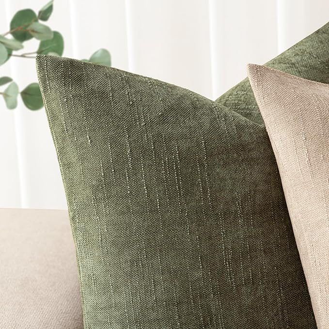 Foindtower Pack of 2 Soft Textured Chenille Throw Decorative Pillow Covers Square Accent Solid Cushion Cover Cozy Neutral Farmhouse Pillow Case for Couch Sofa Bedroom Living Room 18x18 Inch,Dark Green