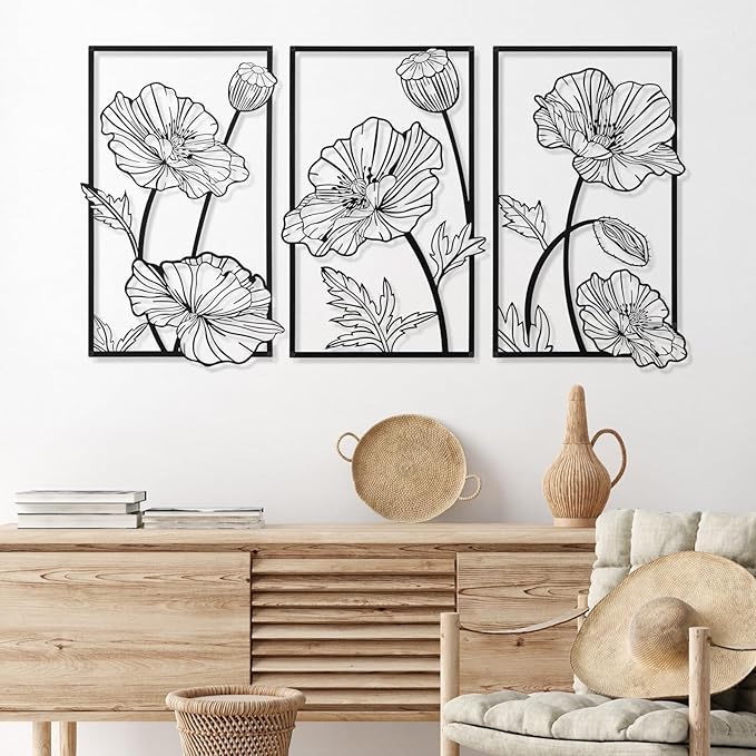 Therwen 3 Pcs Black Metal Wall Art Minimalist Wall Decor for Bedroom Flowers Decor Hanging Flower Bathroom Art Flower Line Sculpture Kitchen Decoration 16.5 x 9.8 Inch