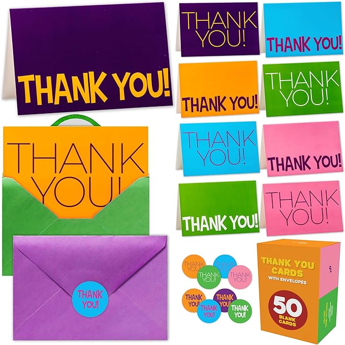 50 Pack Thank You Cards with Envelopes and Stickers, 4 x 6 Inch Blank Kids Thank You Notes | Appreciation Cards, Bulk Boxed Set for Students from Teachers, Birthdays, Small Business