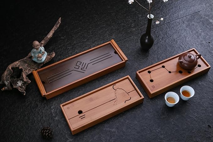 Bamboo Tea Tray Janpanese Table Box with Water Storage Drainage Chinese Gongfu Tea Table 11.9 * 4.9 * 1.4" Mini Kungfu Tea Serving Tray for House Home Office