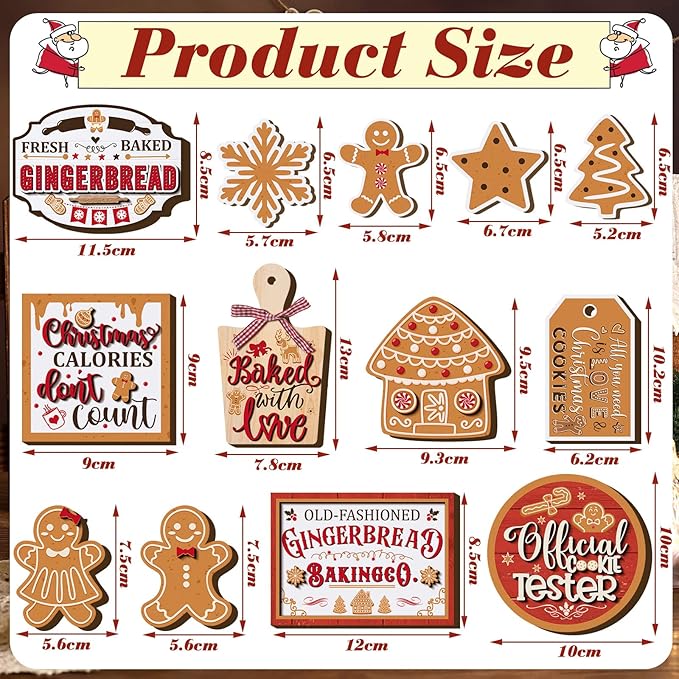 Kajaia 15 Pcs Christmas Tiered Tray Decor Winter Tiered Tray Decorations Set Snowman Snowflake Gingerbread Man Hot Cocoa Wooden Signs Farmhouse Christmas Table Decorations(Gingerbread Man)