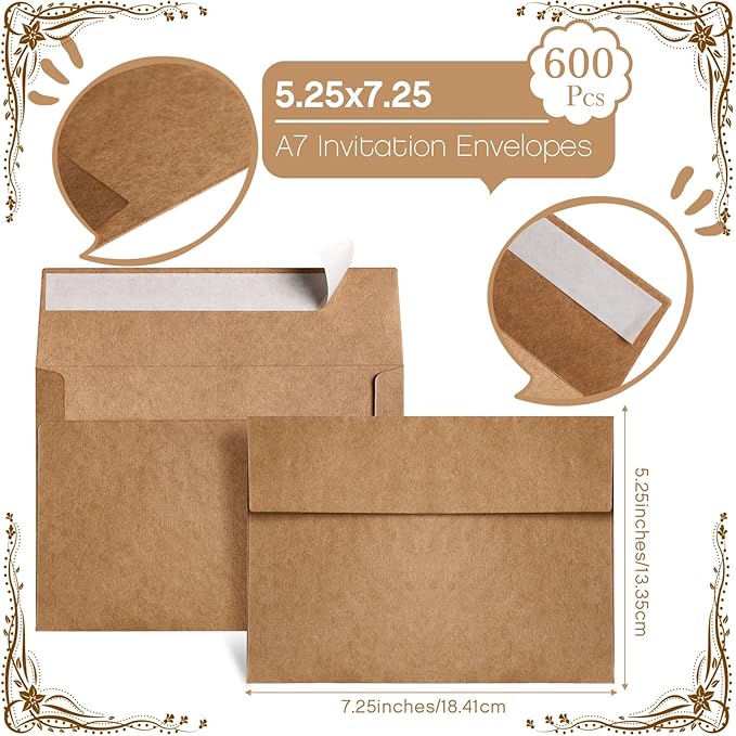Fainne 600 Pack Brown Envelopes Bulk, Kraft Envelopes for Invitation, 120 GSM Gift Card for Office, Gift, Party, Baby Shower, Wedding (A7,5.25 x 7.25")