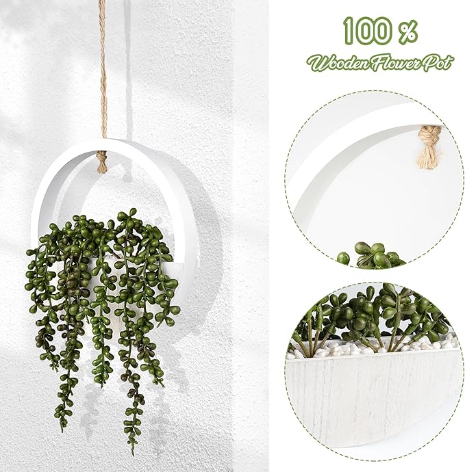 2PCS 12.2" Fake Hanging Plant, Succulent Wall Decor, Fake Plants Decor, String of Pearls in Pot with 8.3" Lanyard for House Indoor Outdoor Bedroom Wall Decor Aesthetic (White)