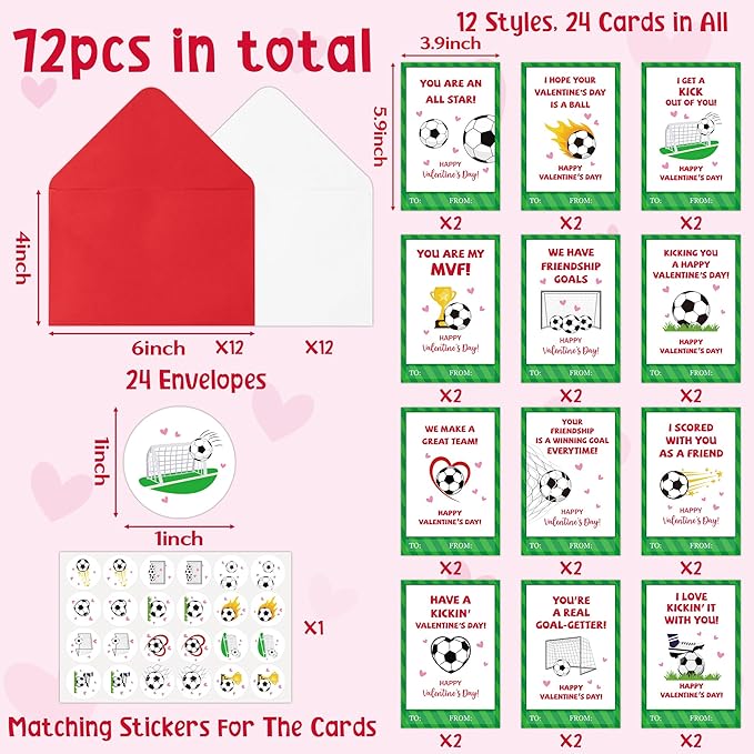 TICIAGA 24 Set Valentine's Day Football Greeting Cards with Envelop Green Heart Soccer Notecard Sticker for Kids Sport Theme Exchange Gifts for Boys and Girls School Classroom Supplies Party Favors