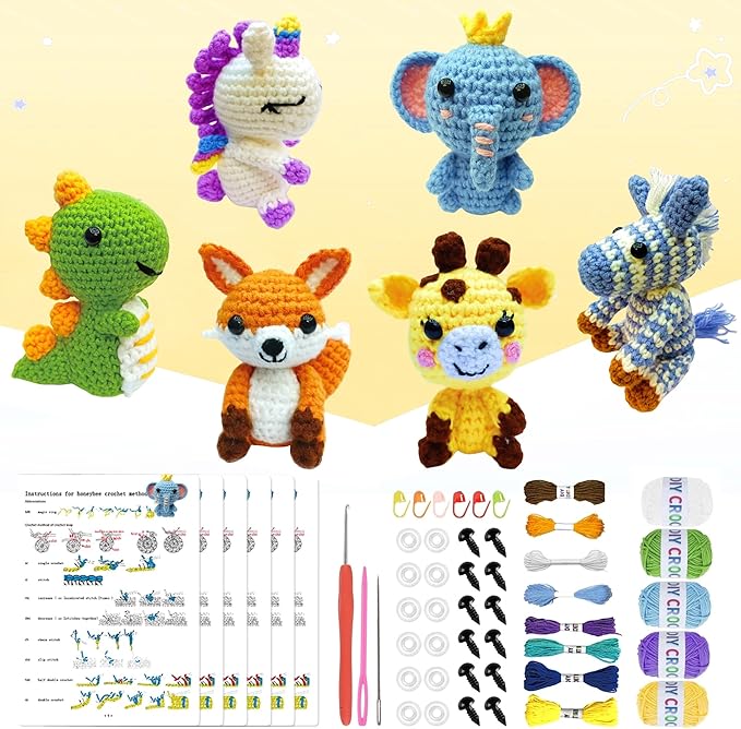 OLHKYN 6Pcs Crochet Kit for Beginners, 2025 DIY Craft for Adults and Kids, Great Gift for Crochet Lovers, Crocheting Animal Kits with Step by Step Videos,Yarn,Crochet Hook,Birthday Holiday Gift