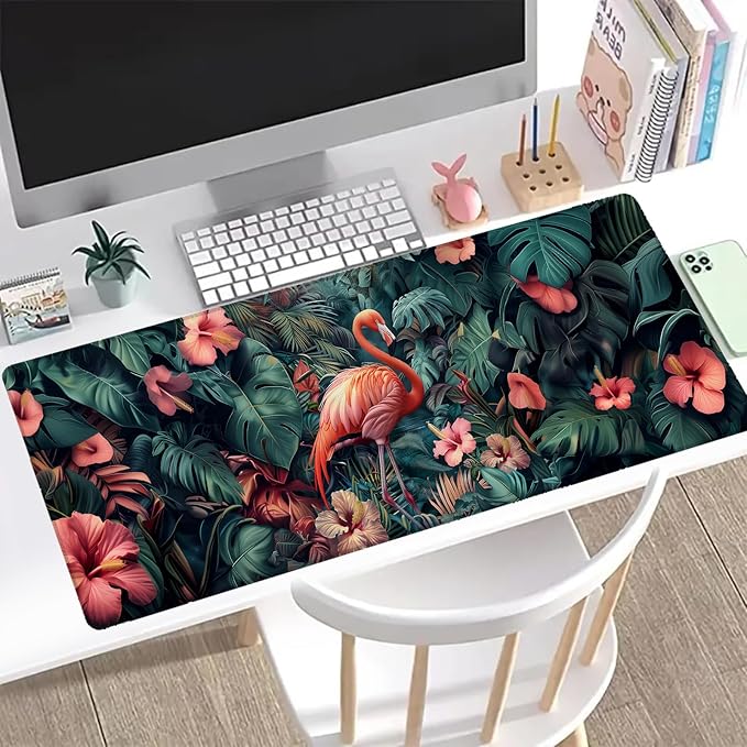 Tropical Flamingo Gaming Mouse Pad, Office Desk Mat, Anti-Slip Rubber Base Cool Aesthetic Mouse Pads for Computer Laptop Keyboard School Home Desktop Gamer Home Accessories Decor 31.5" x 11.8"