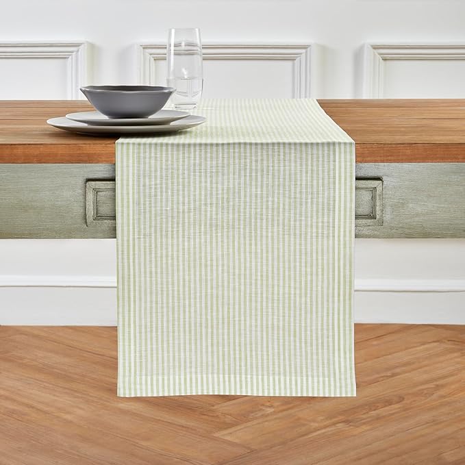 Solino Home Linen Striped Table Runner 132 Inches Long - Narrow Stripe 100% Pure Linen Sage and White Dining Table Runner 14 x 132 Inch for Spring, St Patricks Day, Easter