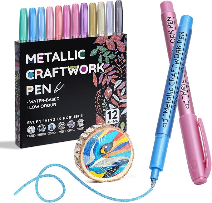 12 Colors Metallic Paint Markers, Acrylic Paint Pens for Rock Painting, Glass, Wood, Fabric, Black Paper, Cards, Scrapbook,DIY Art Crafts (1mm)