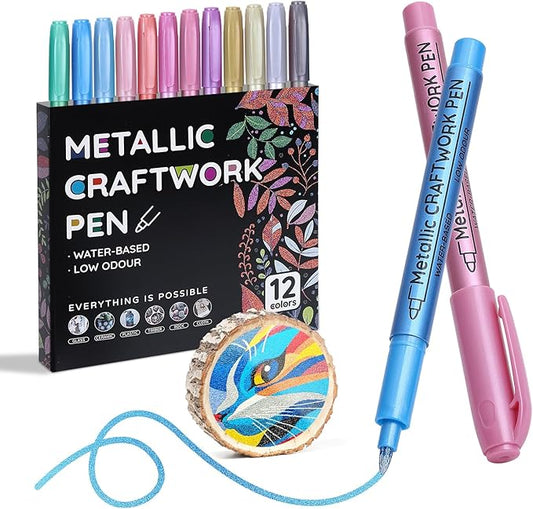 12 Colors Metallic Paint Markers, Acrylic Paint Pens for Rock Painting, Glass, Wood, Fabric, Black Paper, Cards, Scrapbook,DIY Art Crafts (1mm)