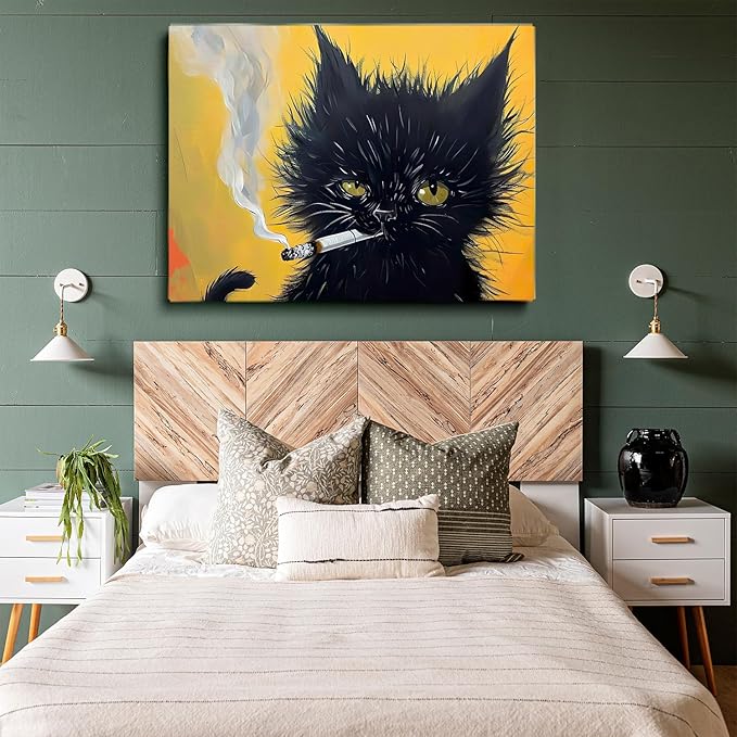 Black Cat Painting, Cat Smoking A Cigarette, Cat Wall Art, Black Long Hair Cat Print,Cat Print, Cat Portrait, Unique Gift, Black Kitten Painting,Cat Lover Room Decor, Cat House Decor24x36 Framed
