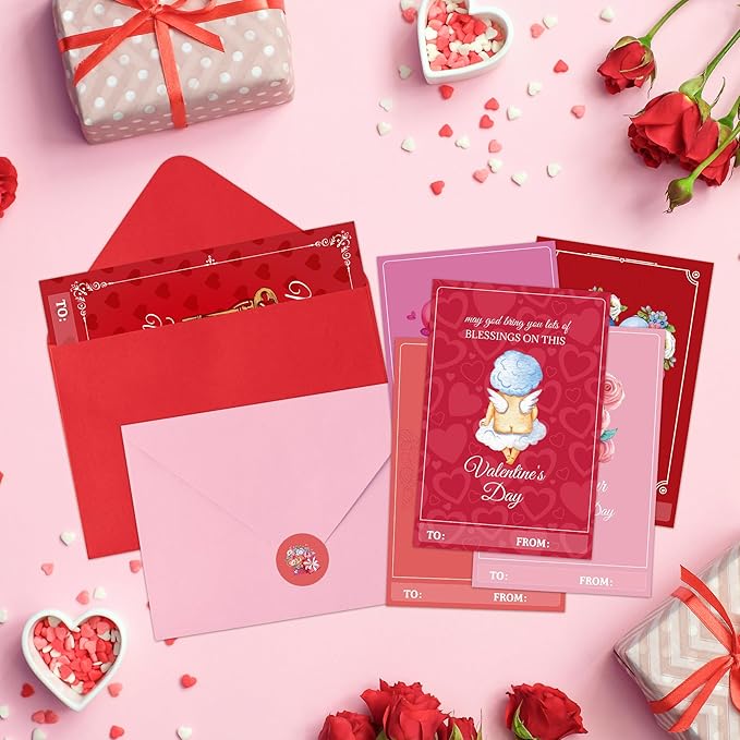 TICIAGA 24 Set Valentine's Day Vintage Blessed Greeting Cards with Envelop Retro Religious Sticker for Kid DIY Flower Heartfelt Notecard Exchange Gifts for Boys and Girls Christian School Party Favors