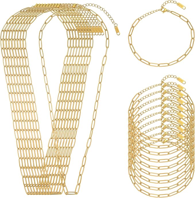20 PCS Gold Plated Necklace Bracelet Chains Bulk Stainless Steel Paperclip Chain with Extender for Jewelry Making