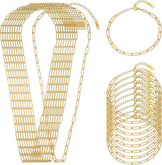 20 PCS Gold Plated Necklace Bracelet Chains Bulk Stainless Steel Paperclip Chain with Extender for Jewelry Making