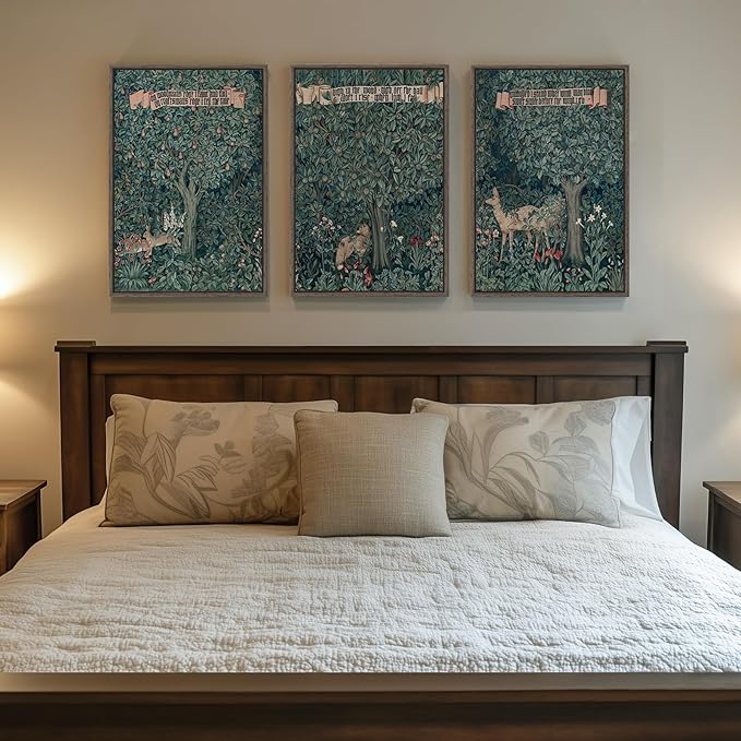 Framed William Morris Canvas Wall Art for Living Room, Large 3 Piece Vintage Green Wall Art Prints, Forest Woodland Wildlife Deer Fox Painting Wall Decor for Bedroom, Dining Room, Home Office, 16x24