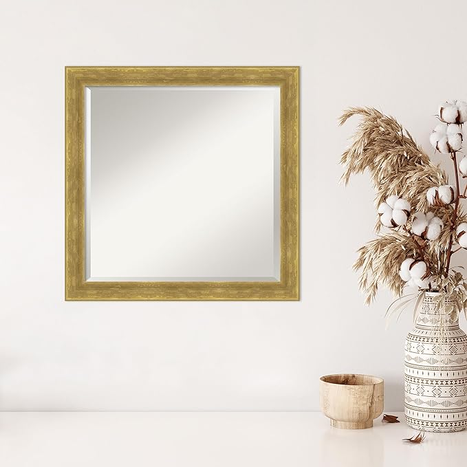 Amanti Art Gold Wall Mirror 23x23 Angled Gold Square Bathroom Mirror for Wall Decor Living Room, Medium Modern Wood Frame, Hangs Horizonally and Vertically, Bathroom Decor, Beveled Edge