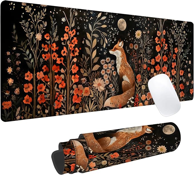 Fox Moonlit Floral Gaming Mouse Pad, Office Desk Mat, Anti-Slip Rubber Base Cool Aesthetic Mouse Pads for Computer Laptop Keyboard School Home Desktop Gamer Home Accessories Decor 31.5" x 11.8"