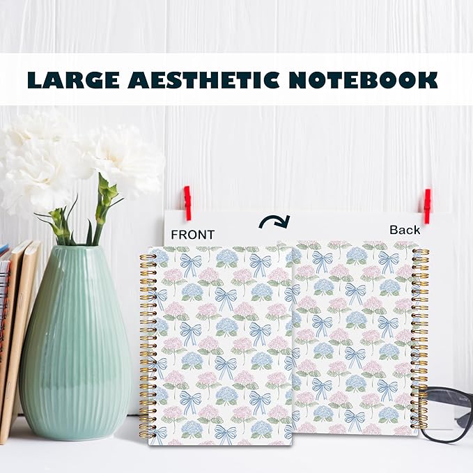 BearCake Pink and Blue Flower Floral Hydrangea Notebook Journal,Floral Aesthetic Notebook, Chinoiserie Journal,Aesthetic Office Supplies, Notebooks for Work, Hardcover Spiral Notebook 5.5x8.3