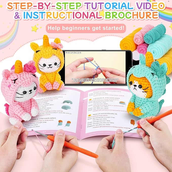 Crochet Kit for Beginners - 3 PCS Unicorn Cat Crochet Kits with Step-by-Step Video Tutorials, Beginner Crochet Kit for Adults, Crochet Animal Kit for Starters, Cat Dressed as Unicorn Set