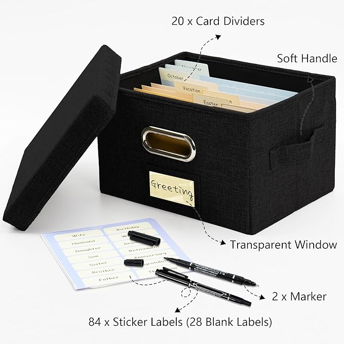 Greeting Card Organizer and Storage Box with 20 Pcs Adjustable Dividers, Storing Cards with 84 Pcs Labels Perfect for Storing Greeting Cards, Envelopes, Photos 1 Pack Black